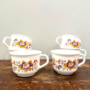 Vintage Arcopal France Milk Glass Mugs With Floral Motif - Set of 6