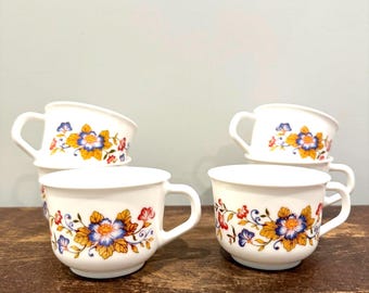 Vintage Arcopal France Milk Glass Mugs With Floral Motif - Set of 6