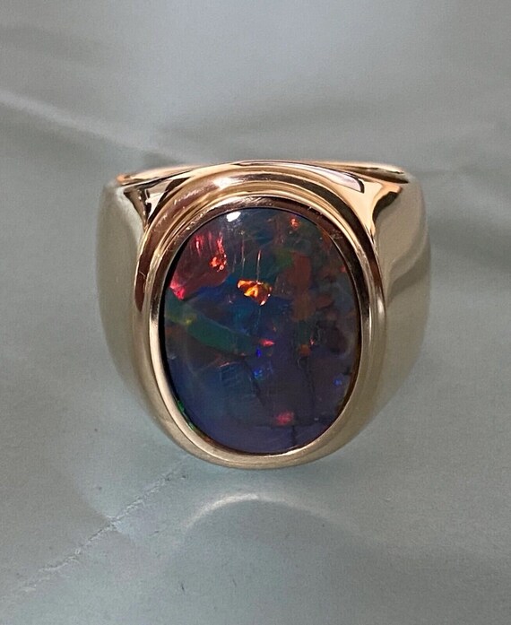 Mens 14k Opal Solid Yellow Gold Ring