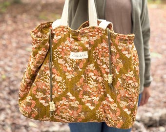 Large Drawstring Tote Bag: Golden Mushroom Print