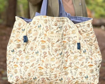 Large Drawstring Tote Bag: Mushroom & Bird Print