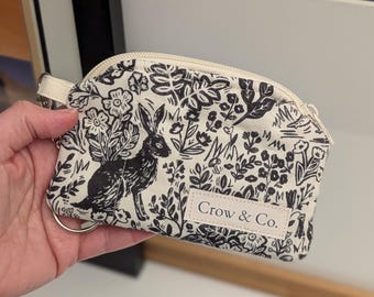 Quilted Keychain Wallet - Outdoor Inspired Cotton Mini Wallet - Linocut Forest