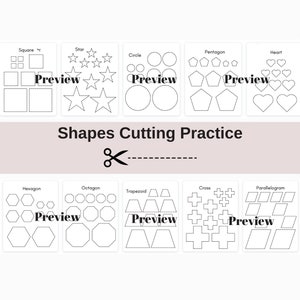 Puede incluir: Un conjunto de tarjetas blancas con varias formas para practicar el corte. Las formas incluyen cuadrados, estrellas, círculos, pentágonos, corazones, hexágonos, octágonos, trapecios, cruces y paralelogramos. Se muestra el texto "Shapes Cutting Practice".