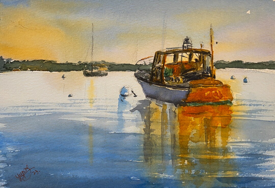 Original Watercolor Painting Wooden Boat and Sunset, Oneofakind Hand