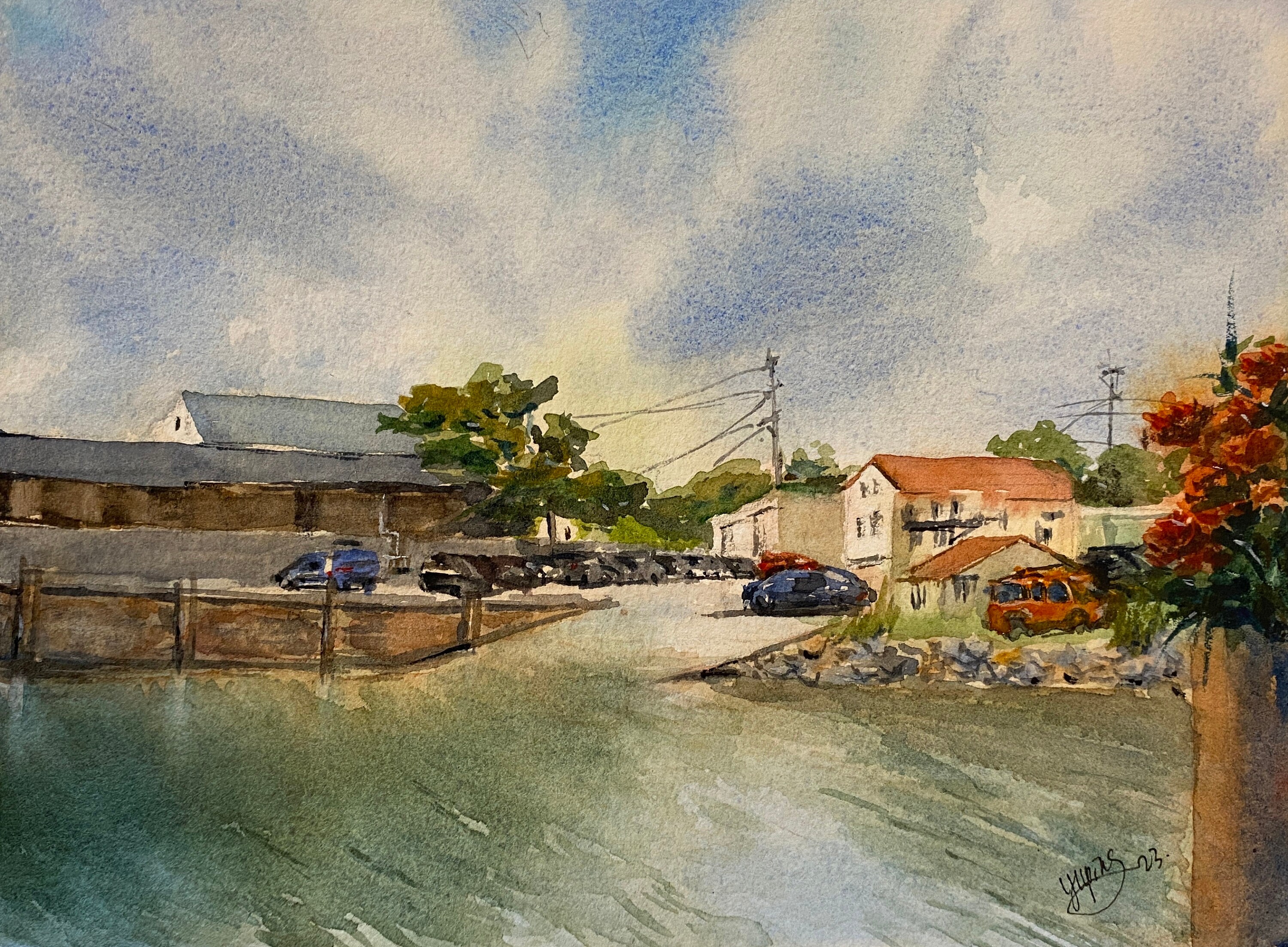 Lobster Pier, Southwest Harbor, Maine, Original Watercolor Painting, w Framed Option