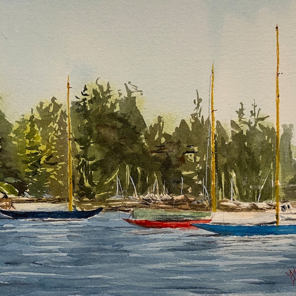 IOD fleet, International One Design, Northeast Harbor, Mount Desert, Acadia, Maine, Watercolor Painting Original, w Framed Option