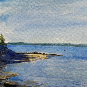 Originele aquarel van eilandstrand, blauwe schaduw en warm licht, Maine zomer, vakantie aan zee, uniek handgeschilderd kunstcadeau