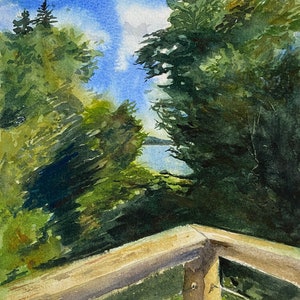 Origineel aquarelschilderij van uitzicht op de oceaan vanaf de veranda van Maine, New England zomerkunst, vakantie aan zee, uniek handgemaakt cadeau