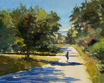 Sunny Path and Island Living,  Great Cranberry Island, Acadia National Park, Maine, Original Watercolor Painting, One-of-a-Kind.