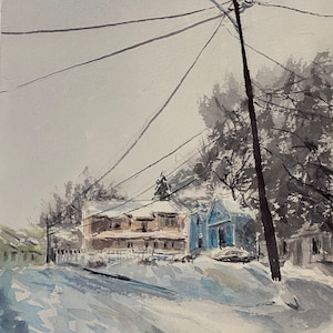 Jour de neige, East Side, Oakhill, Rhode Island, Aquarelle Peinture Originale