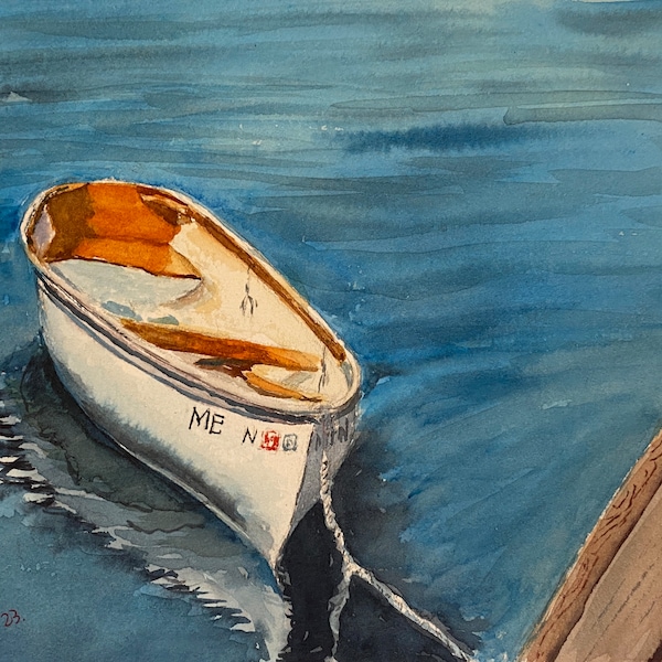 Row Boat at the Dock, Northeast Harbor, Cranberry Isles, Mount Desert, Maine, Original Watercolor Painting