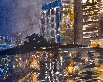 Original Watercolor Painting Waterfire Providence, Hand Painted One-of-a-kind Gift, Rhode Island Souvenir, Night Sky & Street Scene Painting
