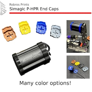 Könnte beinhalten: Abbildung von Simagic P-HPR End Caps in verschiedenen Farben, darunter Gelb, Blau und Silber. Ein schwarzes rechteckiges Gerät mit dem Simagic-Logo ist ebenfalls abgebildet. Der Text "Many color options!" wird unten im Bild angezeigt.