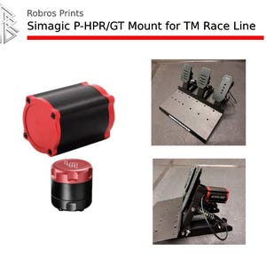 Puede incluir: Imagen de Simagic P-HPR/GT Mount para TM Race Line. La imagen muestra un componente cilíndrico negro y rojo, un componente más pequeño negro y rojo, y un juego de pedales de carreras montado sobre una base negra. El texto "Robros Prints" está en la parte superior.