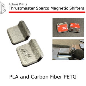 May include: Two silver-coloured Thrustmaster Sparco magnetic shifters. The shifters are made of PLA and Carbon Fiber PETG. The image also shows close-ups of the shifters and the text "Robros Prints".