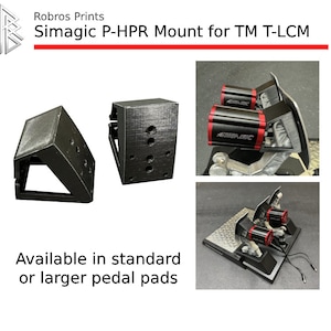 Puede incluir: Soporte Simagic P-HPR negro para TM T-LCM, con múltiples orificios de montaje. La imagen también muestra el soporte instalado con pedales. El texto en la imagen dice "Robros Prints" y "Available in standard or larger pedal pads."