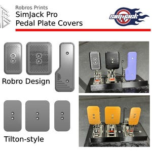 May include: SimJack Pro pedal plate covers in various designs. The image shows gray covers with different textures and shapes, including Robro Design and Tilton-style options. The covers are designed for sim racing pedals.