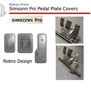Puede incluir: Imagen de las cubiertas de placa de pedal Simsonn Pro. La imagen muestra el producto con el texto "Robros Prints" y "Robro Design". El producto se muestra en diferentes vistas, incluyendo una vista lateral y una vista superior. El producto es plateado y negro.
