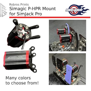 May include: A black and red Simagic P-HPR Mount for SimJack Pro. The image displays various views of the mount, with the text "Many colours to choose from!" at the bottom. The SimJack logo is in the upper right corner.