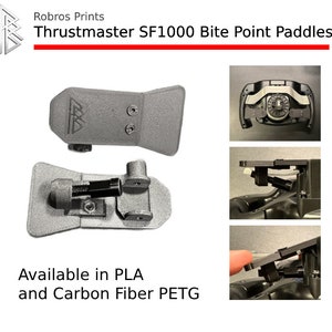 Pode incluir: Paddles cinzentos Thrustmaster SF1000 Bite Point. A imagem mostra dois paddles, um desmontado, e vários planos de detalhe. O texto na imagem diz "Available in PLA and Carbon Fiber PETG."