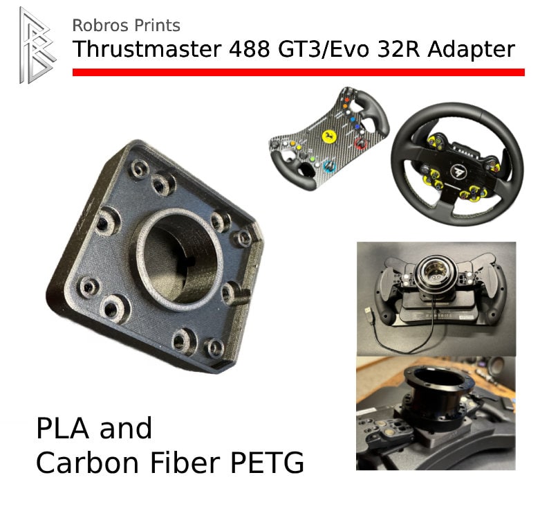 Puede incluir: Un adaptador negro Thrustmaster 488 GT3/Evo 32R fabricado en PLA y PETG de fibra de carbono. La imagen tambi&eacute;n muestra volantes y otros componentes. El texto "Robros Prints" est&aacute; en la parte superior izquierda.