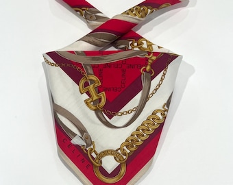 Celine Paris Vintage Handkerchief  Bandana Mini Scarf Art Logo Red & Gold Cotton Square Size 19” Neckerchief vintage