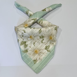Handkerchief Vintage Christian Dior Scarf Art Floral Flower ,Green & White Cotton Pocket Square 21” x 20.5”