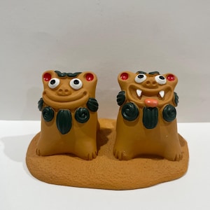 Shisa Lion Lucky Charm Omamori Fusui Standing Mini Shisa Lion Brown Smile Sz. 2” Home Decor Cute Gift Smile Male & Female Shisa Figurines
