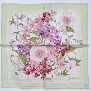Jim Thompson Vintage Handkerchief Scarf Silk Green & Pink Floral Pocket Square 18”Vintage Handkerchief  Silk Pink  Floral Vintage napkins