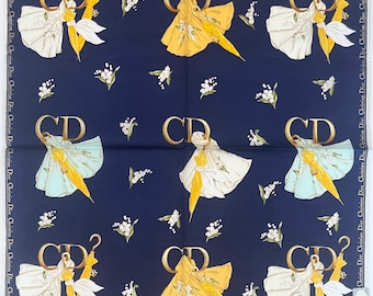 Vintage 90s Christian Dior Handkerchief,Women Art ,Logo  Floral Navy Blue Cotton Pocket Square 20.5” Christian Dior Scarf,Bandana