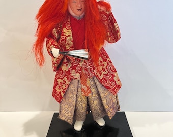 Vintage Japanese Noh-Dance Silk Doll 6” Tall Long Red Hair for gift