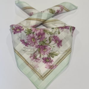 Handkerchief Vintage Christian Dior Mini Scarf Art Logo Floral Flower ,Gold Green Cotton Pocket Square 19”