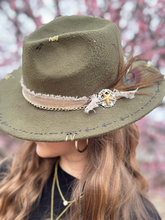NEW Unique Green Fedora Hat with Gold Chain Accent Dark Green Geode Hat- Arrow Shaped Crown With Gold Chain and  main image 3