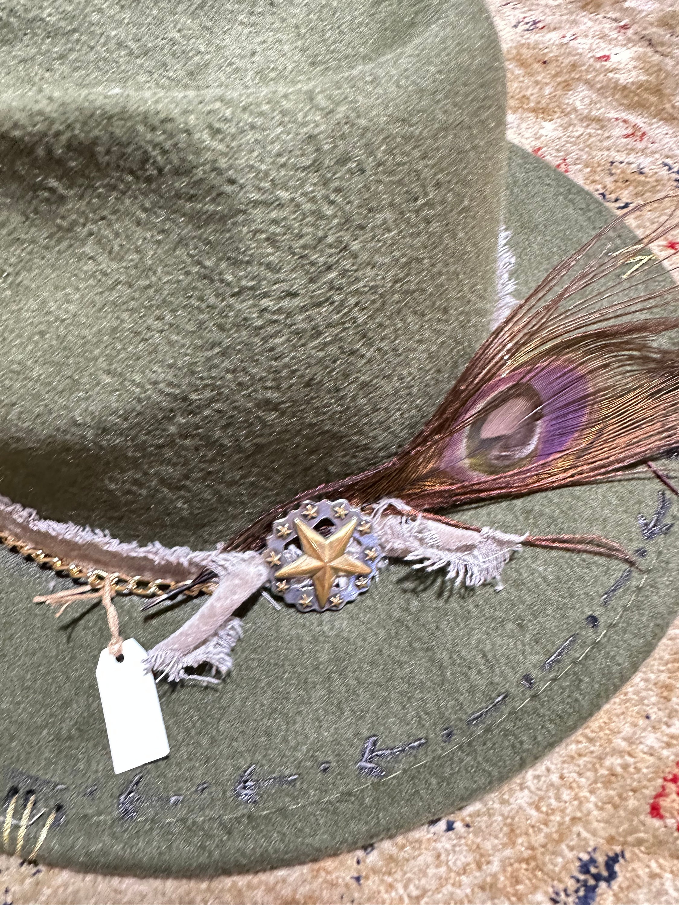Hand painted Wide-Brim Feather Accent Hat in Taupe with Peacock Feather Ashley Peacock Feather Hat * Australian Wool * BJH015 – ByCila main image 2