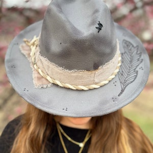Wide brim charcoal gray feather design