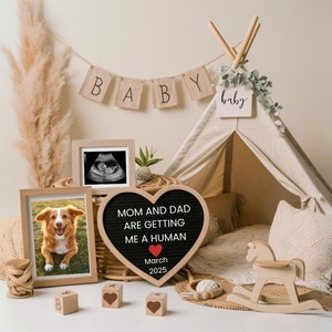 Faire-part de bébé sur le thème du chien, faire-part de grossesse : maman et papa : offrez-moi un humain, idée de révélation personnalisée sur les réseaux sociaux Facebook Instagram
