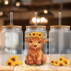 3+ Sunflowers Highland Cow 16oz Wrap PNG, Summer Flowers Frosted Glass Sublimation Design, Watercolor Floral Libbey Cup PNG, Cute Animal PNG