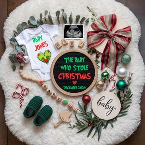 Faire-part de grossesse Noël numérique, faire-part bébé surprise drôle, thème Grinch, modèle modifiable, le bébé qui a volé Noël
