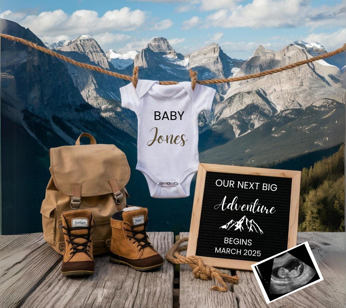 baby announcement hiking backpack Gender Reveal Hiking Themed