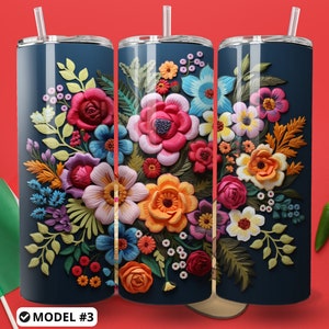 5 Images Mexican Embroidery Flower 20oz Skinny Tumbler Sublimation Design Floral Pattern Digital PNG Straight Wrap Download