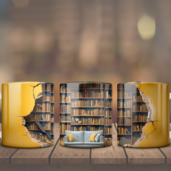 2 Images 3D Bookshelf Mug Sublimation, 3D Book Mug Wrap, 15 Oz Mug Design, 3D Mug Wrap, 15oz Mug PNG Book Lover Mug Coffee Mug