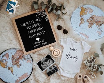 Ci servirà un altro annuncio di gravidanza digitale con passaporto, tema "Viaggi con il bambino", idea per annunci sui social media, gravidanza neutra
