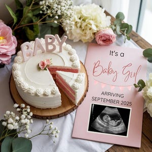It’s a Girl Pregnancy Announcement Cake Baby Reveal Digital Pink Gender Reveal Editable Template Social Media Baby Girl, Baby Girl Cake Pink