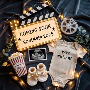 Film-Thema Schwangerschaftsankündigung, Kino-Schwangerschaft-Ankündigung, digitale Schwangerschaftansage, Popcorn, kommt bald, Babykino-Film-Ankündigung