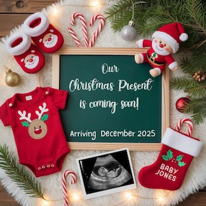 Faire-part de grossesse de Noël numérique, modèle modifiable de faire-part de bébé surprise drôle, notre cadeau de Noël arrive bientôt, Noël de bébé