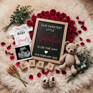 Valentijnsdag zwangerschap aankondiging digitale sjabloon, februari baby onthullen, sociale media babyaankondiging, liefde hangt in de lucht