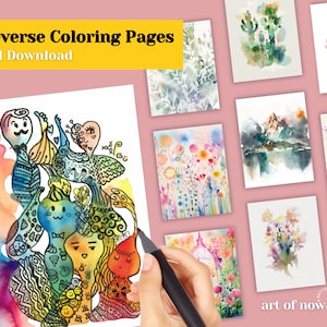 May include: A set of 10 reverse coloring pages featuring a variety of watercolor illustrations, including a whimsical group of characters, a butterfly, a mountain scene, and floral designs. The text "art of now" is visible in the bottom right corner.