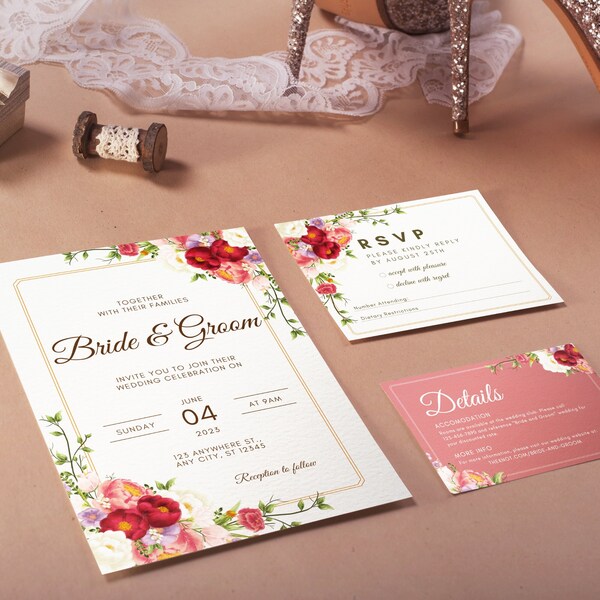 Wedding Invitation Template Floral, Invitation Wedding Pink Floral, Wedding Invitation Floral Template, Pink Wedding Invites, Pink Wedding