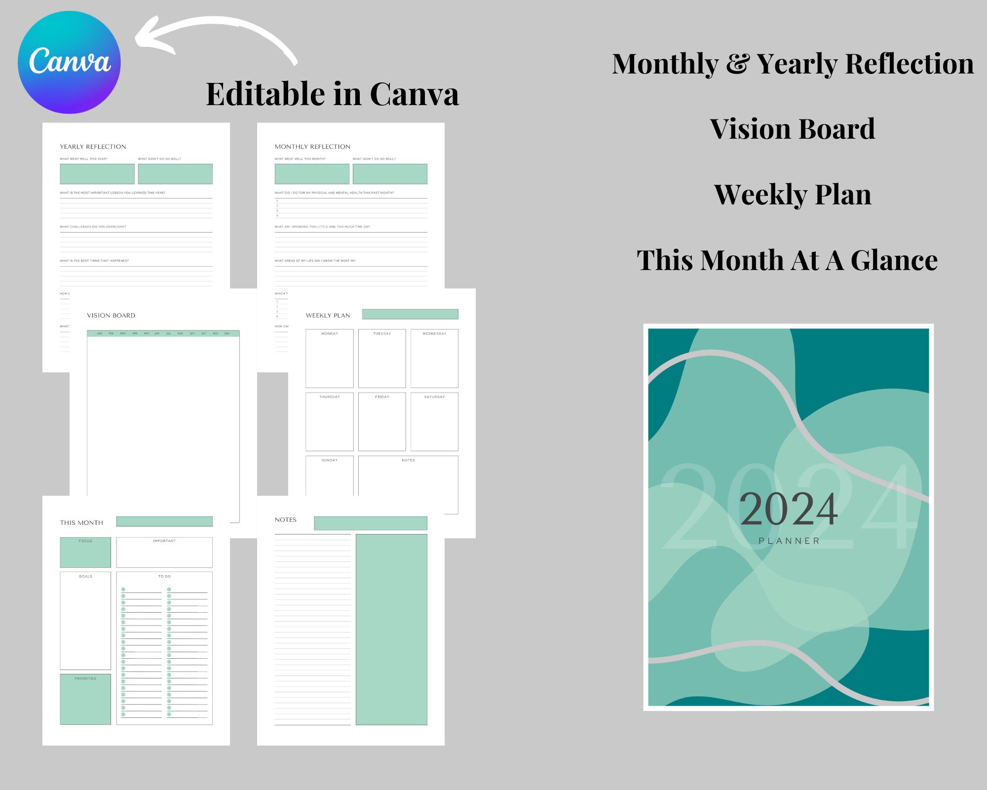 2024 Planner, 2024 Digital Calendar, 2024 Calendar, 2024 Canva Template