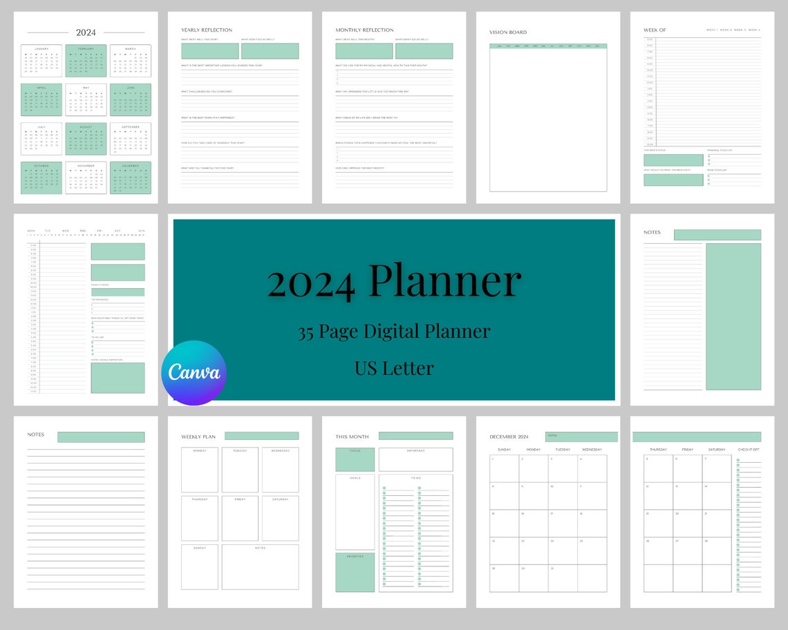 2024 Planner, 2024 Digital Calendar, 2024 Calendar, 2024 Canva Template